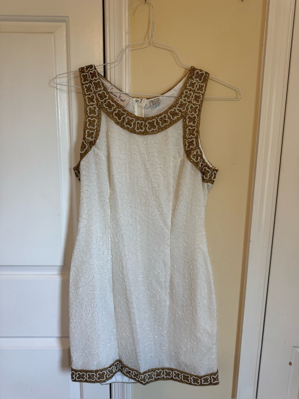 Laurence Kazar White Mini Dress with Gold Embroidered Trim
